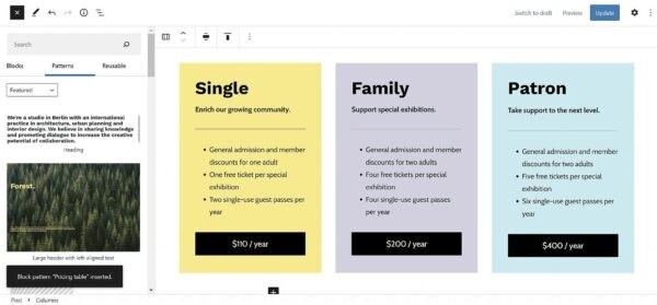 Вышел Gutenberg 11.8: появились избранные паттерны, добавлена автогенерация анкоров заголовков