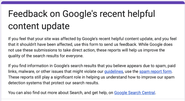 Google создал форму для обратной связи по Helpful content update
Google создал форму для обратной связи по Helpful content update