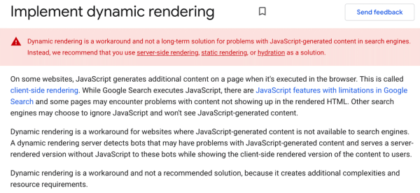 Google: динамический рендеринг – это обходной путь, а не долгосрочное решение
         
            Google: динамический рендеринг – это обходной путь, а не долгосрочное решение