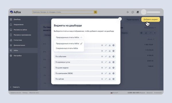 Adfox тестирует вкладку «Дашборд» с виджетами статистики на основе отчетов
         
            Adfox тестирует вкладку «Дашборд» с виджетами статистики на основе отчетов